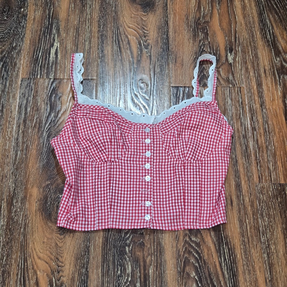 Sim & Sam S Gingham Peasant Top Women's Red Lace Smocked Back Sweetheart